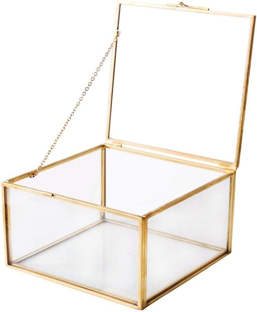 Golden Glass Jewelry Keepsake Square Box, Home Decor Display, Vintage Organizer, Decorative Brass & Clear Glass Box, 5x5x3