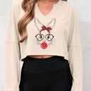 Women's Easter Bunny Sweatshirts Long Sleeve V Neck Cropped Cute Rabbit Shirts Graphic Top (Beige, XL)