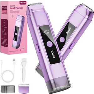 Electric Bikini Trimmer for Women: Razor & Shaver with Dual Heads for Body Pubic Hair, IPX7 Waterproof with LED Display - Rechargeable Lady Trimmer for Underarm Body Leg Face - Violet