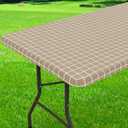 Rectangle Vinyl Table Cloth 30x72, Waterproof Elastic Fitted Tablecloth with Flannel Backing, Plastic Table Cover for Picnic, Camping, Outdoor, Khaki