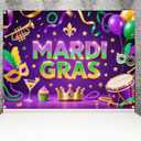 Mardi Gras Backdrop 94.5x71 Inch Large Carnival Masquerade Party Banner with Vibrant Purple Green Gold Design, Photography Background with 4 Brass Grommets for Mardi Gras Decorations