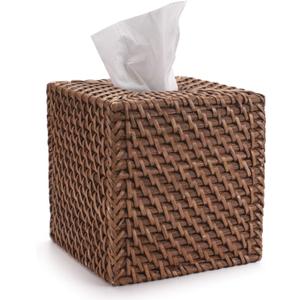Rattan Tissue Box Cover Natural Woven Facial Napkin Holder Square (Honey Brown, 5.5x5.5x5.9 Inch)