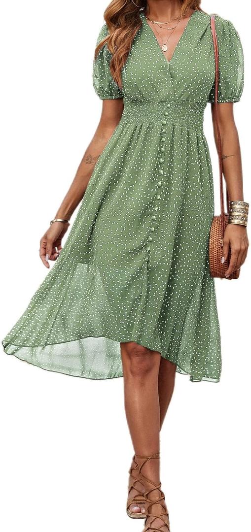 PRETTYGARDEN Women's Floral Wrap V-Neck Midi Dress Short Sleeve Boho Summer Beach Long Dress High Low Hem Smocked Dress Women (Green, M)