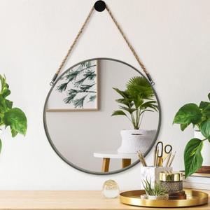POZINO Round Hanging Mirror, Circle Wall Mirror with Rope, 20 Inch Farmhouse Mirror for Bathroom Bedroom Living Room Entryway Home Decor, Grey (20"L x 20"W)