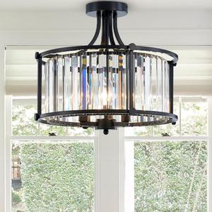 3 Lights Modern Crystal Chandelier Black Round Semi Flush Mount Ceiling Light Fixture Farmhouse Chandelier for Living Room Bedroom Dinning Room Hallway Entryway Kitchen with E12*3 Base