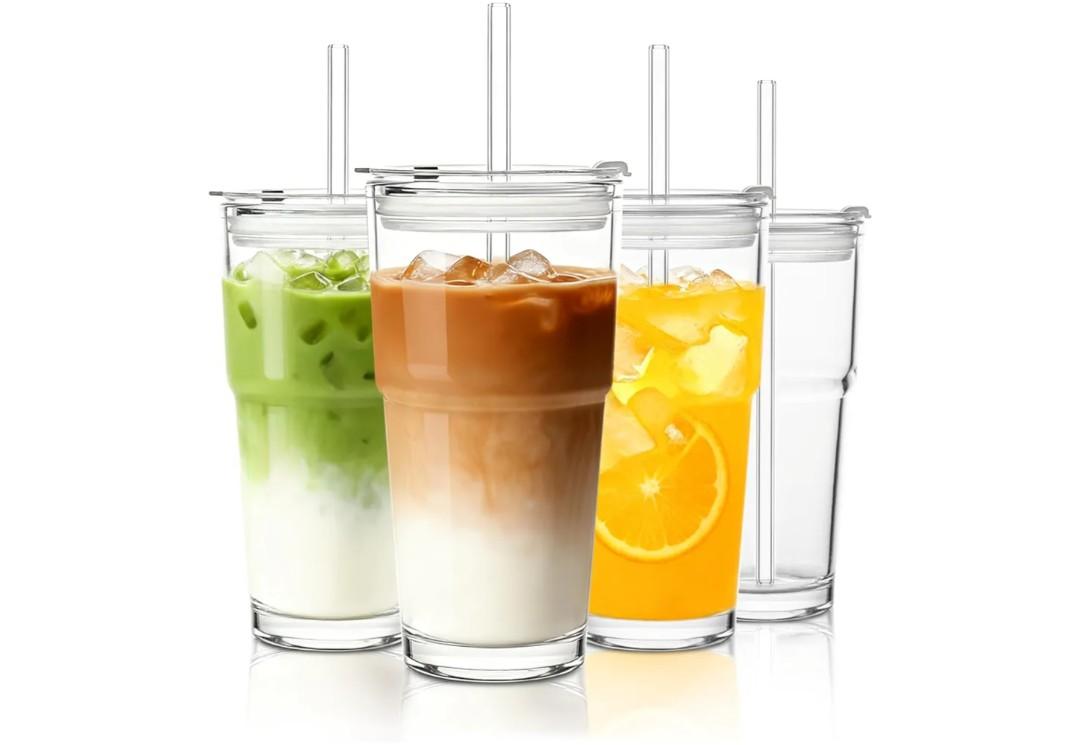 INSETLAN 20oz Glass Tumbler with Glass Straw and Lid, Set of 4 - Thickened Ice Coffee Cup, Glass Cup with Lid and Straw for Smoothie, Tea, Milk, Whiskey, Water and More – Elegant & Durable