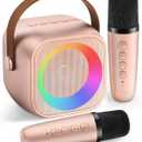 Mini Karaoke Machine, Portable Bluetooth Karaoke Speaker with 2 Wireless Microphones and Party Lights for Kids and Adults, Birthday Gifts for Girls Boys Family Home Party (Rose Gold)