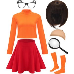 Halloween Costume for Women, Brown Bob Wig, Long Sleeve Turtleneck Crop Top, Skater Skirt (Medium, Orange)