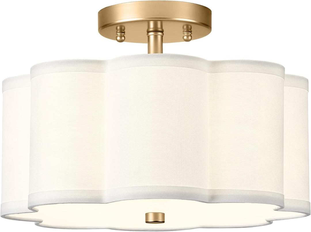 Gold Semi Flush Mount Ceiling Light, 3-Light 12.5" Ceiling Lighting Fixtures with Fabric Shade in Flower Shape, Farmhouse Brass Drum Lights for Nursery Hallway Bedroom, AD-22007-3SF-GD