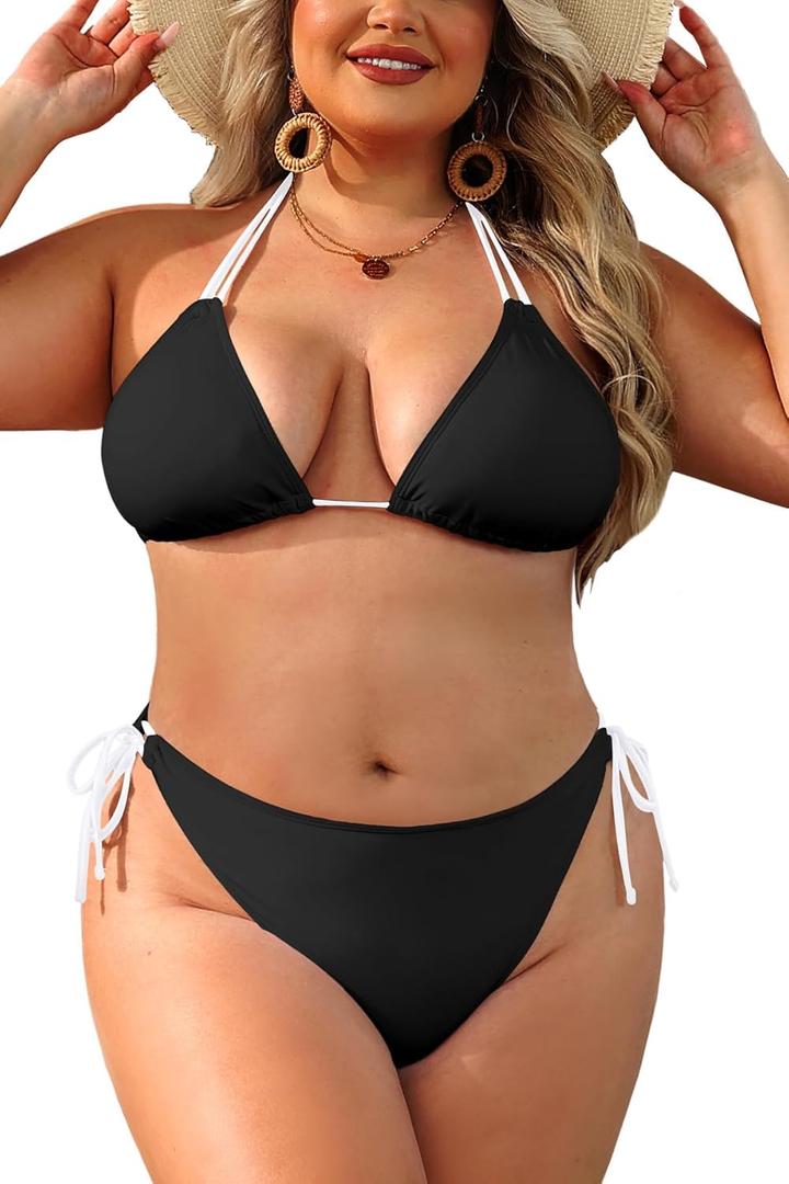 Daci Women Plus Size Triangle Bikini Sets Two Piece Double Straps Halter Swimsuit Side Tie String Sexy Bathing Suits (Black2, 18 Plus)
