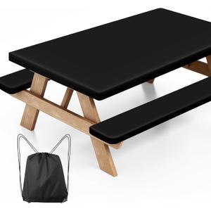 Picnic Table Cover with Bench Covers, Fitted 6ft Waterproof Tablecloth Set for Outdoor Camping & RV - Includes 1 Table Cover & 2 Bench Covers with Drawstring Storage Bag, 30"x72", Solid Black