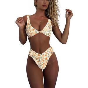 geluboao Bikini Set for Women Solid V Neck Knot Front Push Up High Leg Thong Two Piece Swimsuit Size Medium