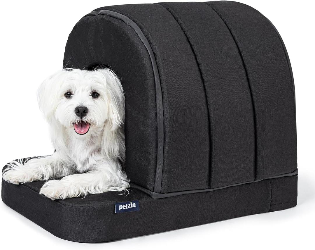 Orthopedic Dog House - Outdoor Waterproof Dog Shelter w/Porch - Indoor Pet House w/Egg-Crate Foam - Cooling - Machine Washable - Ideal for Small Breeds & Fits 24-Inch Crate - 23"x16" (Black)