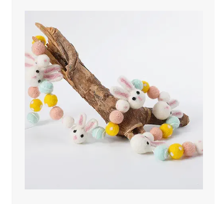 FuWeave Easter Felt Garland Wool Ball Pom Pom Garland Handmade 6.6 Feet Spring Farmhouse Banner for Mantle Hanging Decorations for Easters Baby Shower Home Decors (Pastel Bunny) 2 Pack