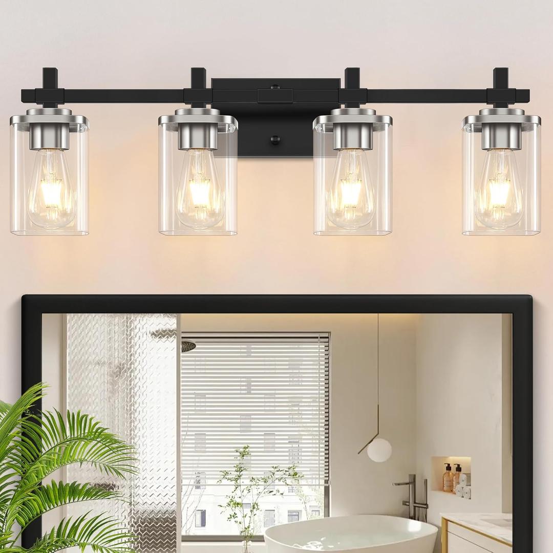 4-Lights Black and Brushed Nickel Vanity Lights with Clear Glass Shade, Bathroom Wall Light Fixtures, 30.3 Inch Large Vanity Lighting Fixture for Bathroom Mirror Living Room