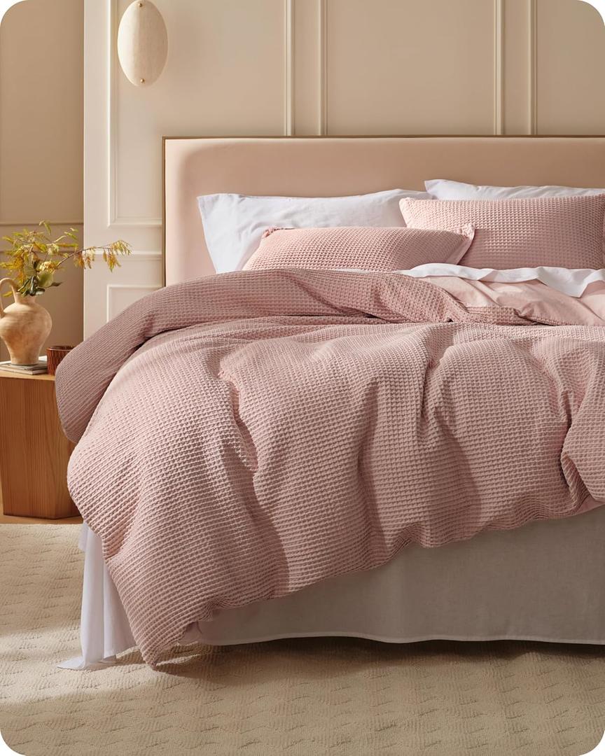 Bedsure Cotton Duvet Cover Queen - 100% Cotton Waffle Weave Pink Duvet Cover Queen Size, GentleSoft and Breathable Bedding Set for All Season, 3 Pieces, 90"x90"