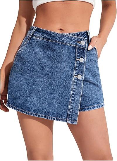 WDIRARA Women's High Waisted Button Front Denim Skort Asymmetrical Hem Skirt Shorts (Medium, Wash Blue)