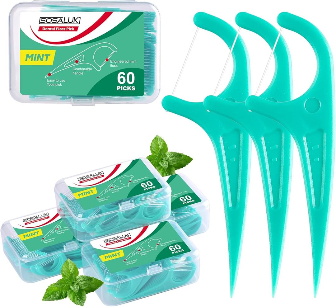 Floss Picks, 300 Count Mint Dental Floss Picks, Toothpicks with 5 Travel Cases for Extra Convenience, Helps Prevent Cavities, Remove Plaque & Freshen Breath, Premium Floss Sticks for Family