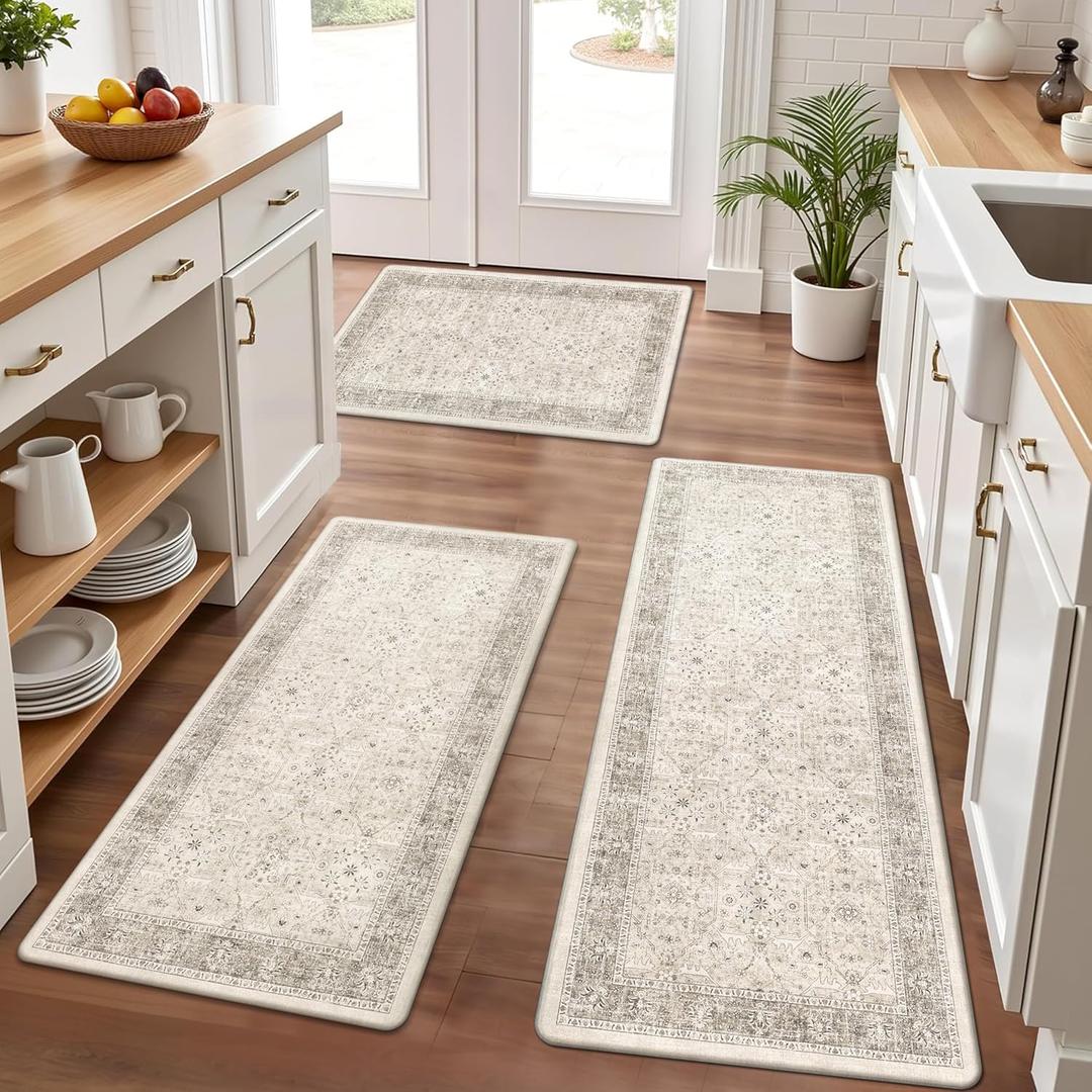 Pauwer Anti Fatigue Kitchen Floor Mats Set of 3, PVC Foam Padded Kitchen Rugs, Non Slip Cushioned Comfort Standing Mat, Waterproof Sink Rug for Small Kitchen Area, Laundry Room, Khaki (17.3''x28''+17.3''x36''+17.3''x48'')