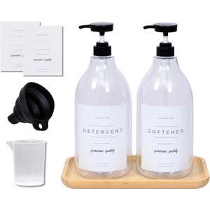 Laundry Detergent Dispenser - Fabric Softener Liquid Dispenser for Laundry Room - 64oz Plastic Soap Dispenser, Waterproof Labels, Collapsible Funnel, Extra Labels, Measuring Cup & Bamboo Tray - Set of 2