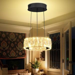 Modern LED Dimmable Crystal Chandelier 8" Ring Black Pendant Light Fixtures for Kitchen Island Dining Room Living Room