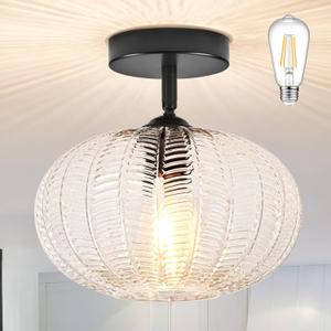 Black Semi Flush Mount Ceiling Lights Fixture Farmhouse Globe Glass Mid Century Light Fixtures Textured Glass Hallway Lights Fixtures Vintage Ceiling Light for Bathroom Entryway(Bulb Incl.)