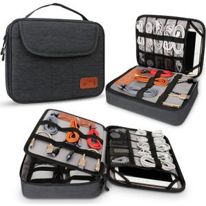 HOLIMET Cable Organiser Bag,Electronic Accessories Bag Double Layer for Travel Waterproof Cord Storage Organizer Bag for iPad, Kindle, Hard Drives, Cables, Chargers,Power Bank and More (Black)