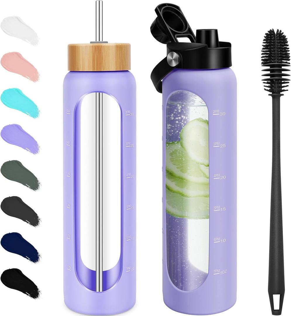 FULBEVY 32 oz Glass Water Bottles - 1 Liter Motivational Tumbler Water Bottle Time Marker - Borosilicate Glass Water Bottle With Silicone Sleeve and 2 Lids, Handle Spout & Bamboo Straw Lid