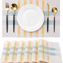 CADONO Placemats Set of 6 Washable Indoor/Outdoor Vinyl Place Mats for Dining Table Durable Non-Slip Heat Resistant PVC Weave Table Mats Beige Green Cross