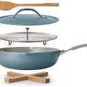 Tramontina All-in-One Plus Pan Set, 5-Quart Ceramic Non Stick Cooking Pan with Lid, Steamer Insert, Bamboo Utensil and Trivet, Blue