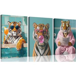 3Pcs Funny Tiger Bathroom Canvas Wall Art Trendy Preppy Tiger Bathroom Wall Decor Prints Fashion Sunglasses Animal Toilet Paintings Pictures for Washroom Toilet Home Decoration 12x16in Framed