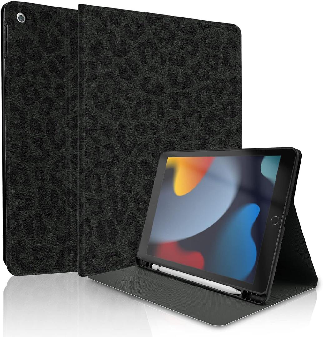 TopPerfekt Case for iPad 9th / 8th / 7th Generation (2021/2020 / 2019) 10.2 Inch - TPU Shockproof Frame and Folio Leather Cover [Pencil Holder, Auto Sleep/Wake] Black Leopard
