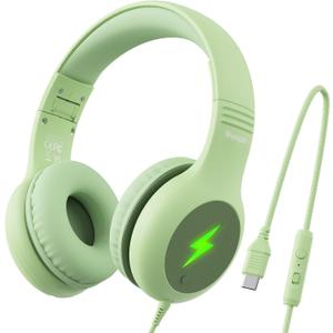 Kids USB C Headphones for School, Safe Listening Wired Over-Ear Headphones
with LED Lights , Volume Limiter & Microphone, Foldable Design for iPhone 16/ 17, iPad, Tablet