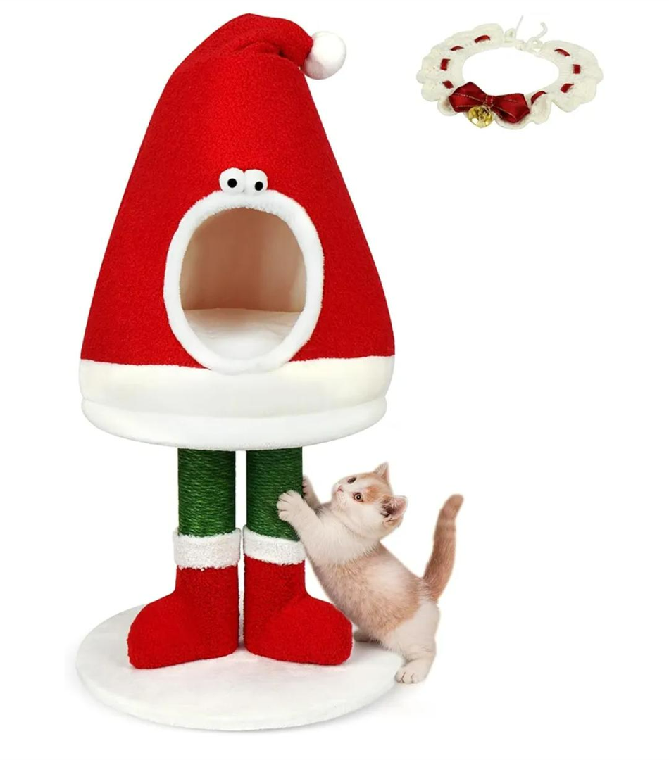 Dansydaisy 36.6 Inch Christmas Cat Tower with Cat Scratching Post and Red House Scratcher Tall Tree Tower Nature Sisal Christmas Hat Scratcher Activity Center Play Condo for Indoor
