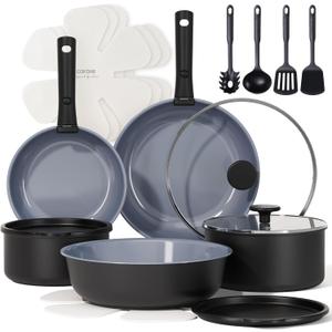 CAROTE 19PCS Ceramic Cookware Sets, Pots and Pans Set Non Stick Non Toxic, Induction Cookware, Kitchen Cookware Sets, Pots Set for Healthy Coooking, Gray