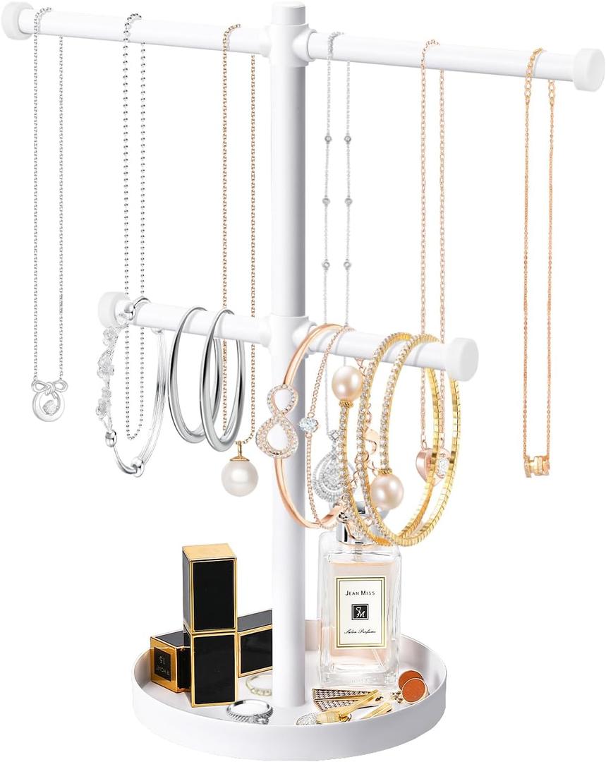 bodkar Necklace Holder Organizer Stand,2-Tier Sturdy Metal Jewelry Stand with Round Tray for Bracelet Bangles Holder Display,12.9" Tall for Long Necklace (White)