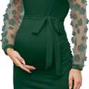 Floral Mesh Bishop Long Sleeve Maternity Midi Dress, Fall Maternity Bodycon Dress for Baby Shower Size L