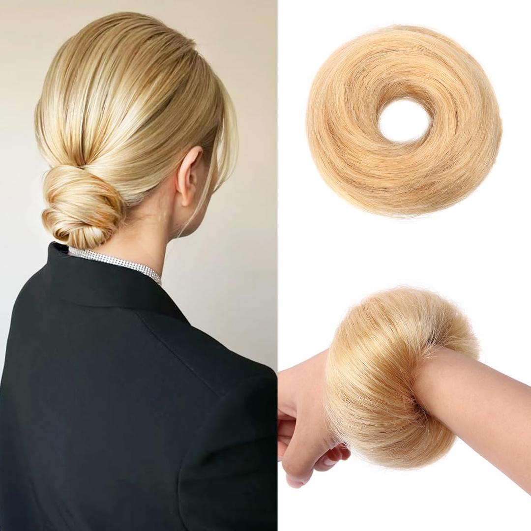 1Pack Human Human Hair Blonde Elastic Wavy Curly Hair Bun Scrunchies Extensions Messy Bun Hair Piece（#613 Bleach Blonde）