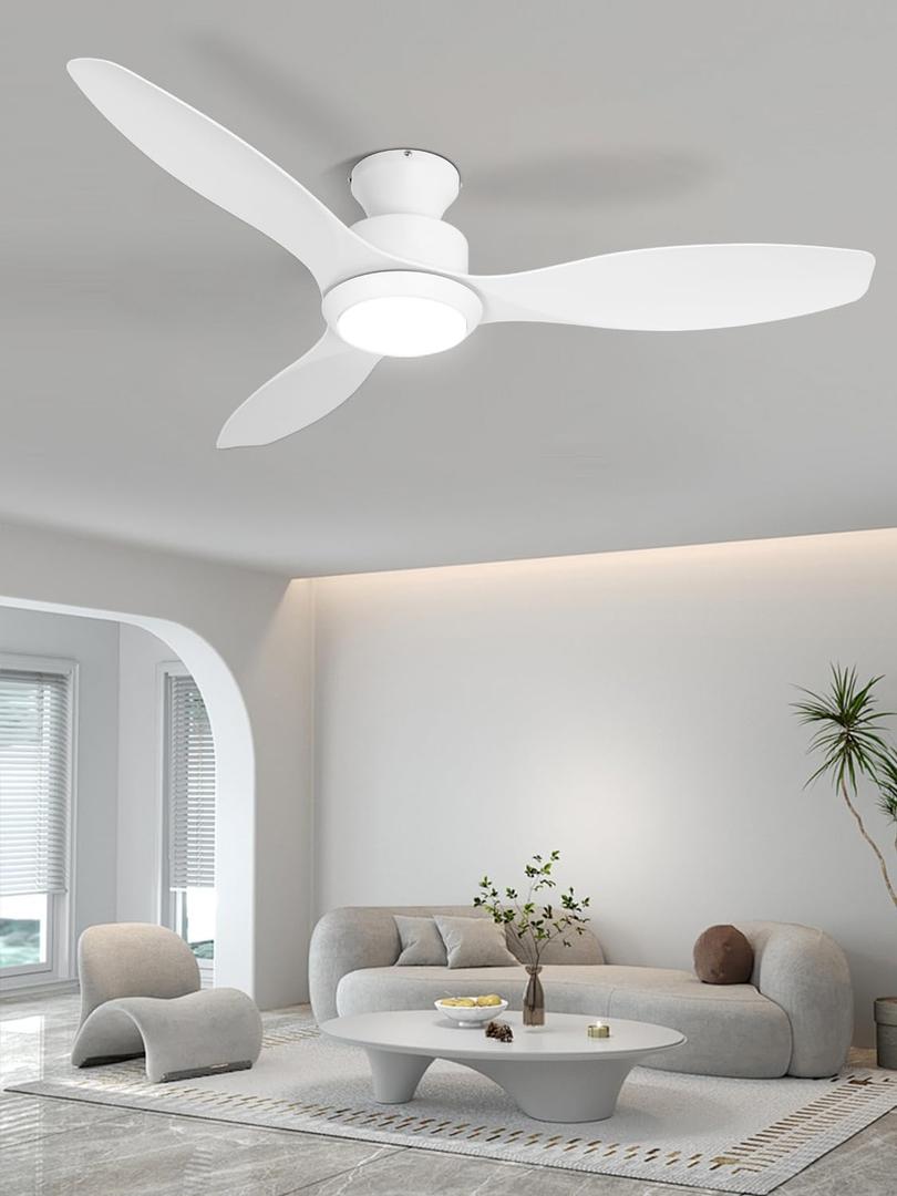 48" Ceiling Fan with Light amd Remote, White Flush Mount Ceiling Fan with 3 Blades,3 Color Light, 6 Speed, Queit DC Motor, for Bedroom/Outdoor/Patios, White