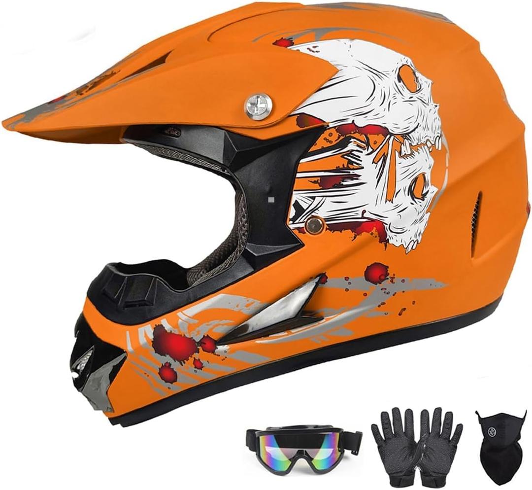 DOT Approved Youth Kids Motocross Helmet - Ultra-Lightweight Full Face Dirt Bike/ATV Helmet with Goggles, Gloves & Face Shield (4-Piece Set) (Large, Orange)