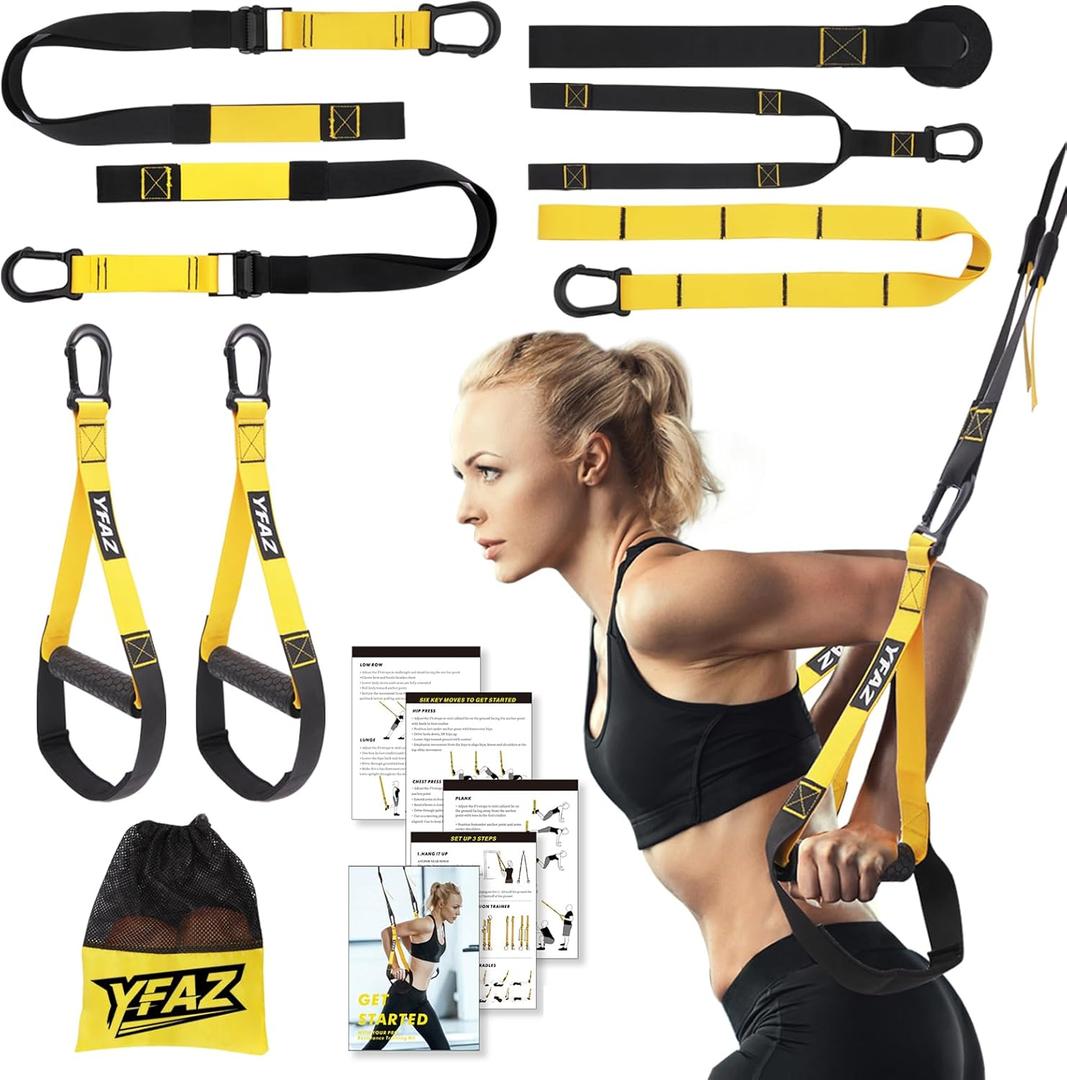 Home Resistance Training Kit for All Levels, Suspension Trainer Straps With Handles For Full Body Workouts at Home, Includes Door Anchor And Mesh Bag for Gym,Outdoor,Travel (Black,Yellow)