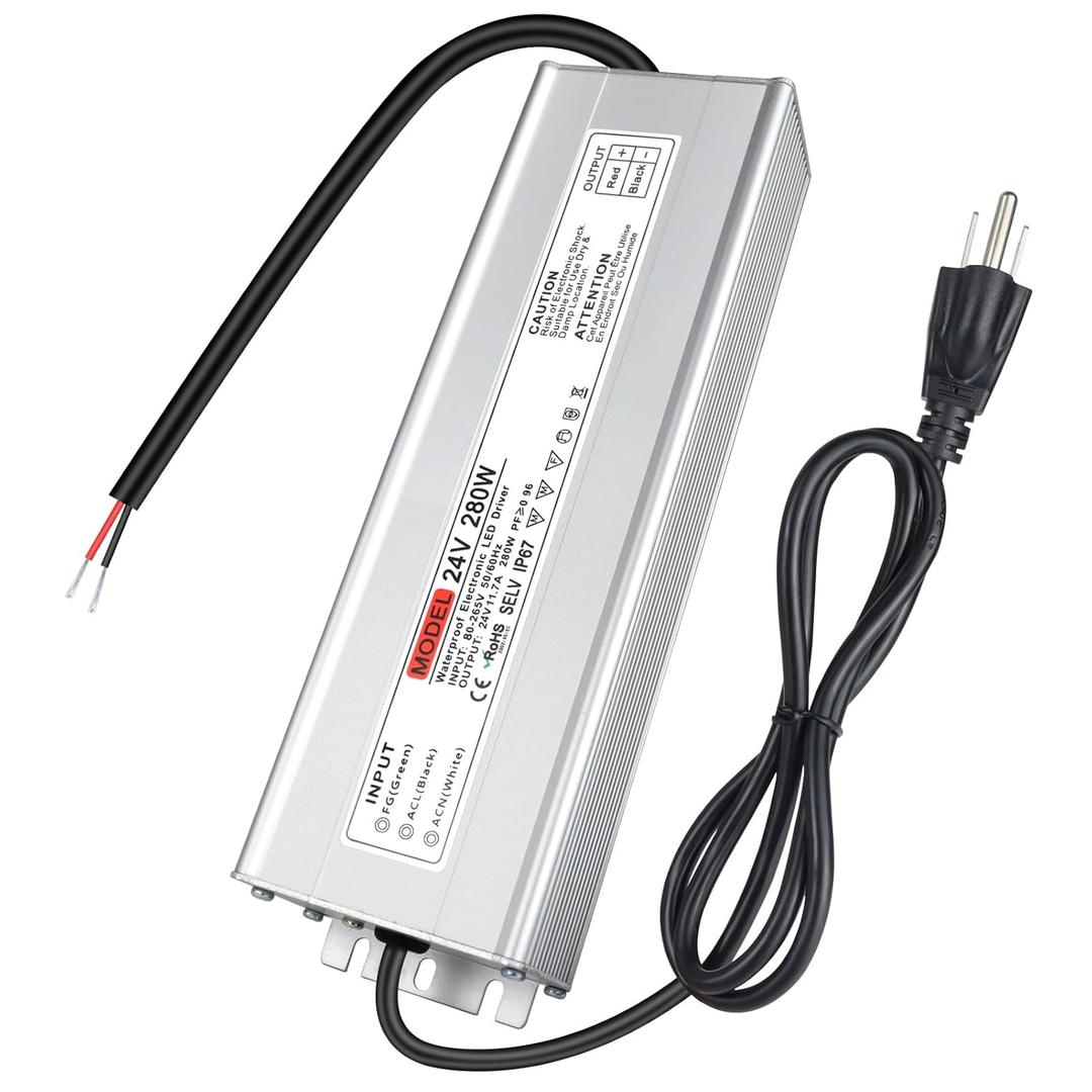 24V 280W IP67 Waterproof Outdoor Power Supply, AC 110-260V to DC 24 Volt LED Driver, 11.66A Low Voltage Transformer, Adapter for LED Strip Light, 3D Printer, Computer Project, CCTV