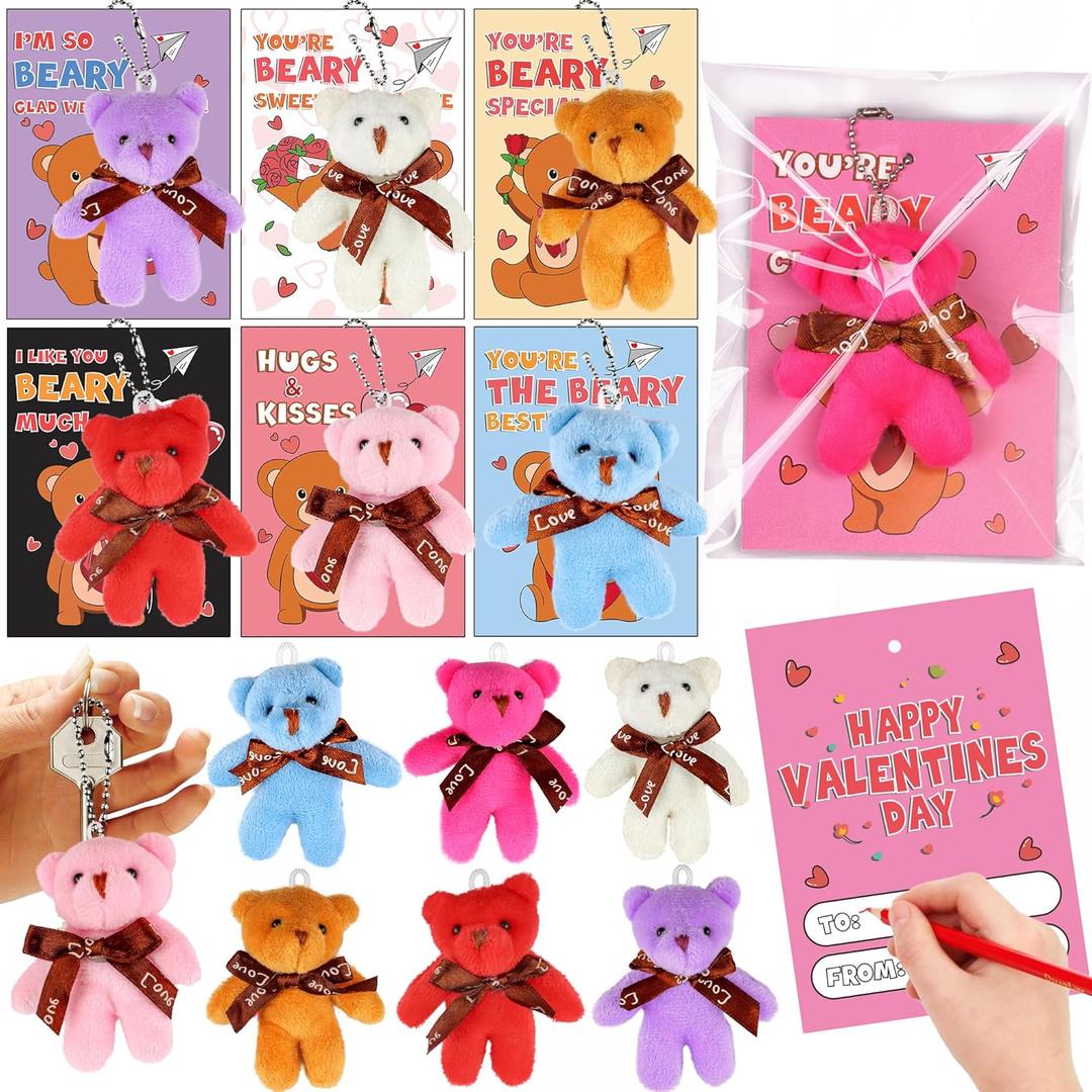 28 Pack Valentines Day Cards with Mini Bear Plush Toy Keychains Valentiens Day Gifts for Kids School, Valentines for Kids Classroom Valentines for Class Exchange Gifts Party Favors for Boys Girls