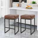 KKTONER Bar Stools Set of 2 Counter Height Stools 24-Inch Saddle Seat PU Leather Kitchen Stools with Footrest Dining Room Kitchen Island stools (Brown)