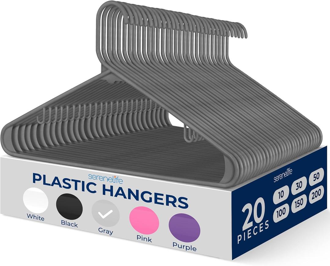 SereneLife Premium 20 Pack Plastic Hangers, Lightweight, Durable, Space Saving Clothes Organizers, Suitable for Shirts, Sweaters, Hoodies, Dresses, Kids Clothes, Good for Home Organization (Gray)