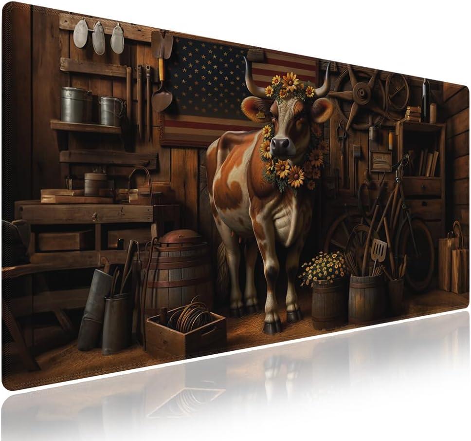 Wknoon. Extra Large Gaming Mouse Pad (31.5" x 11.8") with Durable Stitched Edges  Cow with Sunflowers Rustic American Farmhouse Barn Themed and Grunge Old Glory, Anti-Slip Base Extended XXL Desk Mat