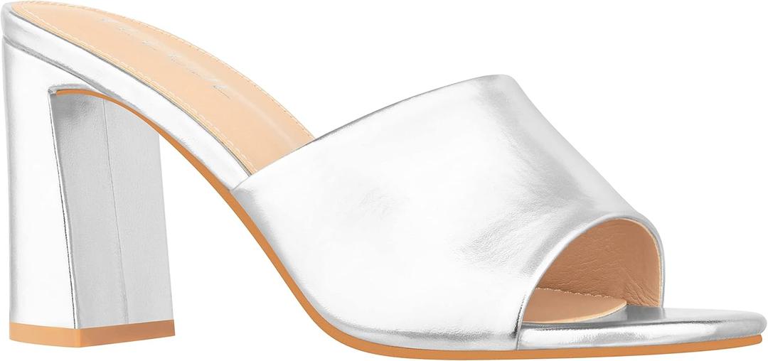 ILLUDE Womens Block Heel Single Strap Square Toe Heeled Sandal Slip On Mule - Demi (10, Silver Pu)