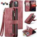 iPhone 14 5G Wallet Case with Card Holder Kickstand Magnetic Zipper Pocket Lanyard Strap Wristlet,Leather Flip Case Wallet for iPhone 14 5G 6.1 Inch(Red)
