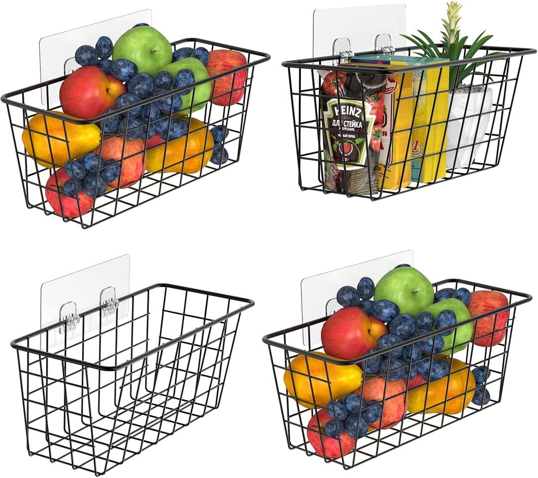 Deertaip Adhesive Basket Wall Wire Basket Over the Cabinet Door Organizer No Drilling Mounted 4 Pack, Black