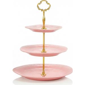 3 Tier Cupcake Stand Ceramic Cake Stand Wedding Dessert Tower, Tiered Serving Tray for Tea Party Afternoon Display Platter (Gold & Pink)